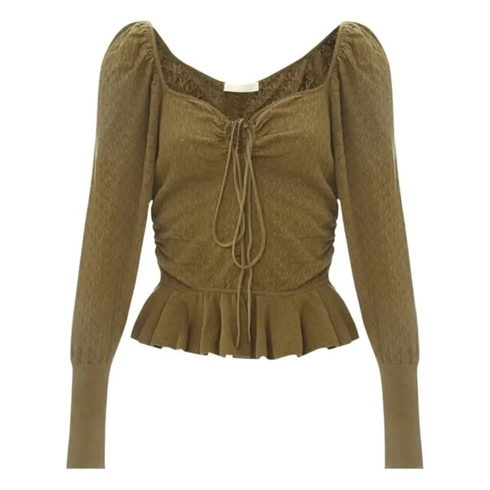 💕ULLA JOHNSON💕 Leland Pointelle Knit Top ~ Khaki Medium